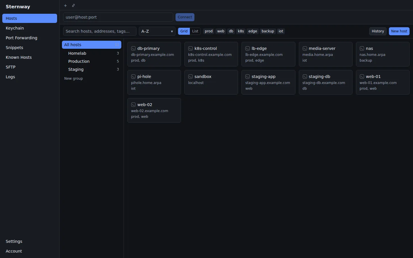 Sternway on the desktop: the Hosts page with eleven hosts in Production, Staging and Homelab groups.