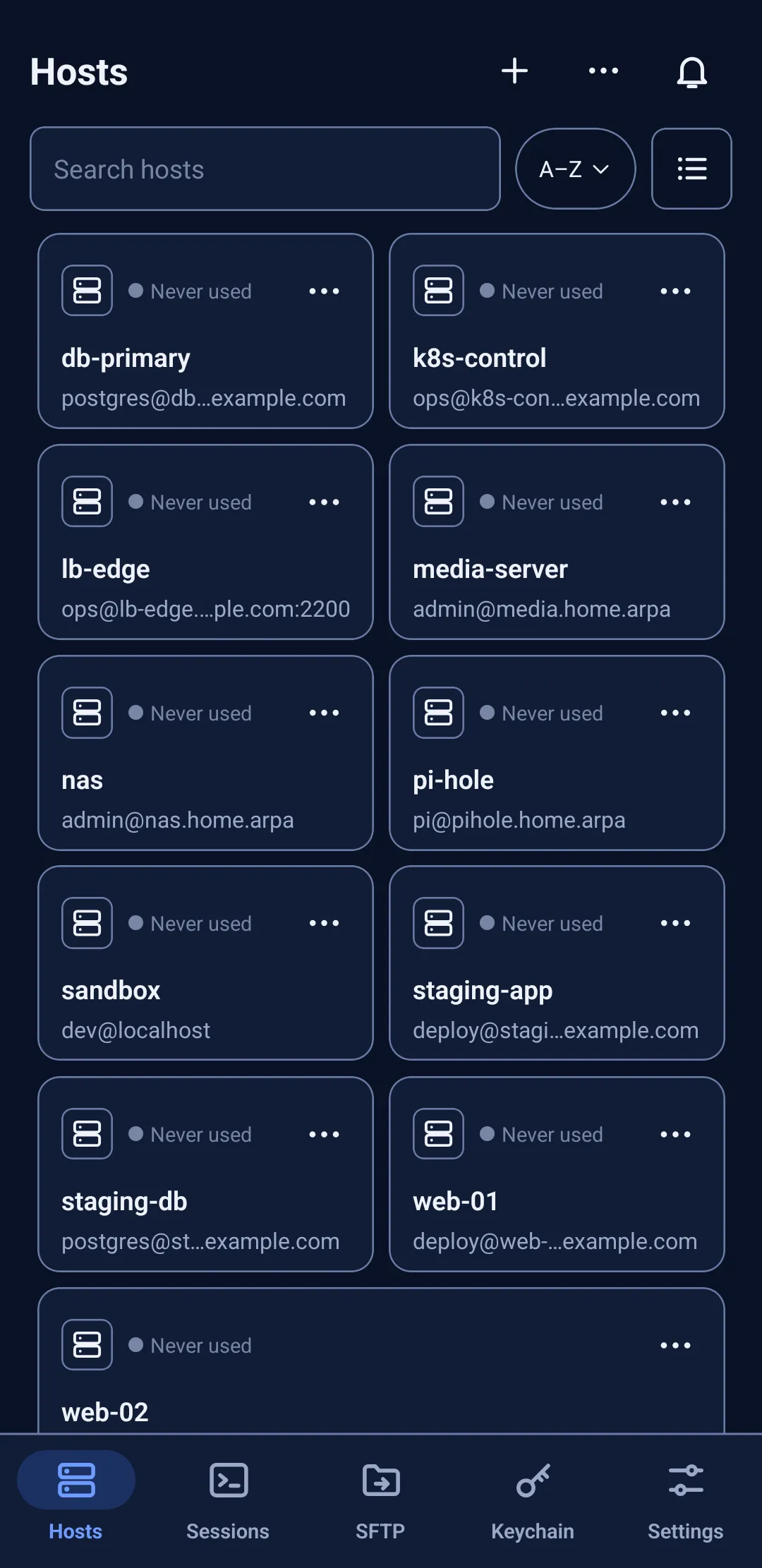 Sternway on an Android phone: the Hosts page listing the same eleven hosts, A to Z.
