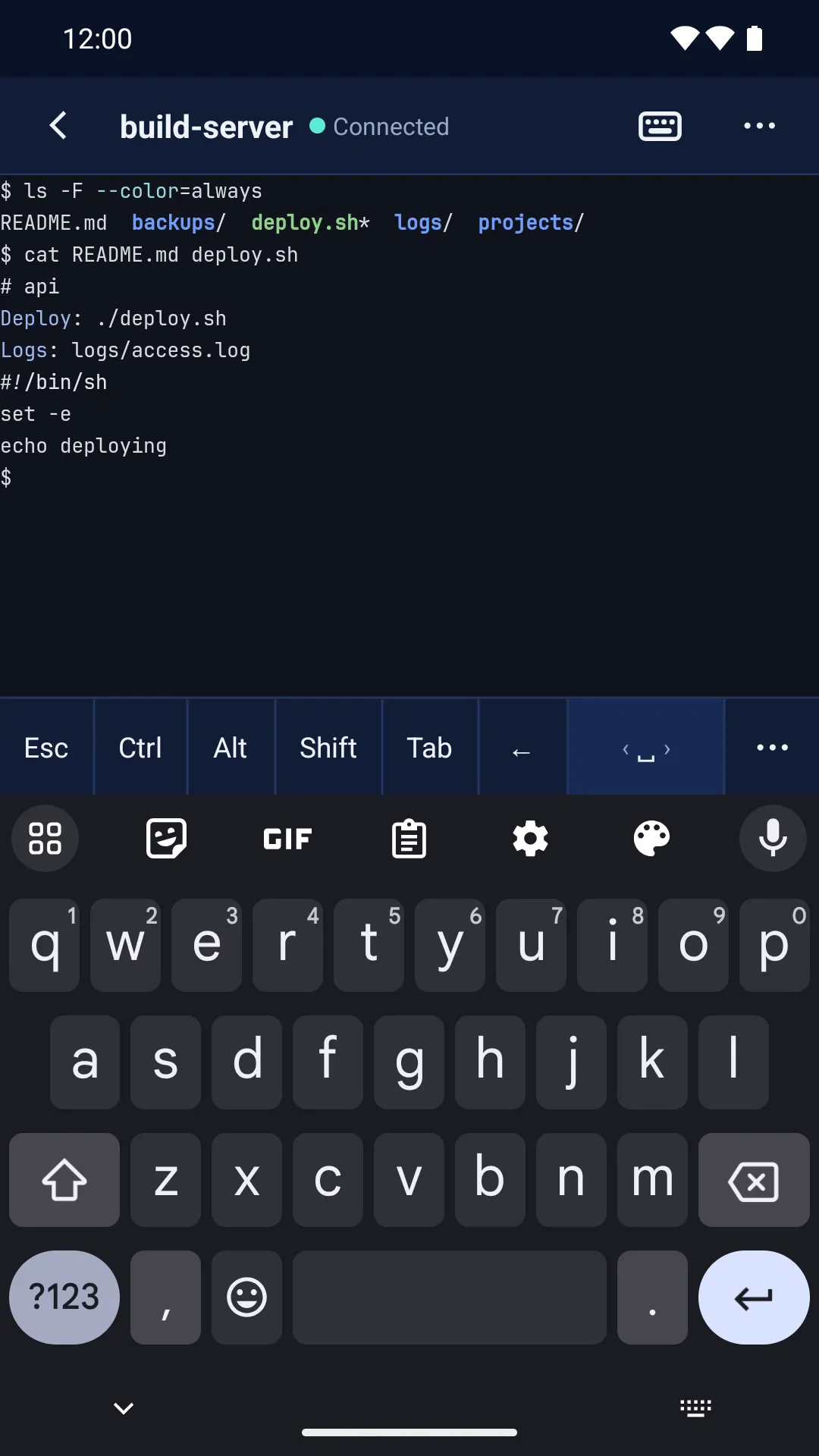 A terminal session on an Android phone with Sternway's key row (Esc, Ctrl, Alt, Shift, Tab) above the keyboard.